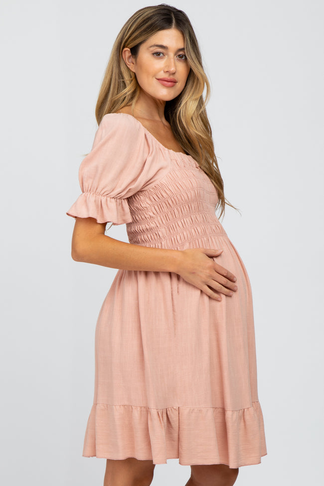 Mauve Smocked Puff Sleeve Maternity ...